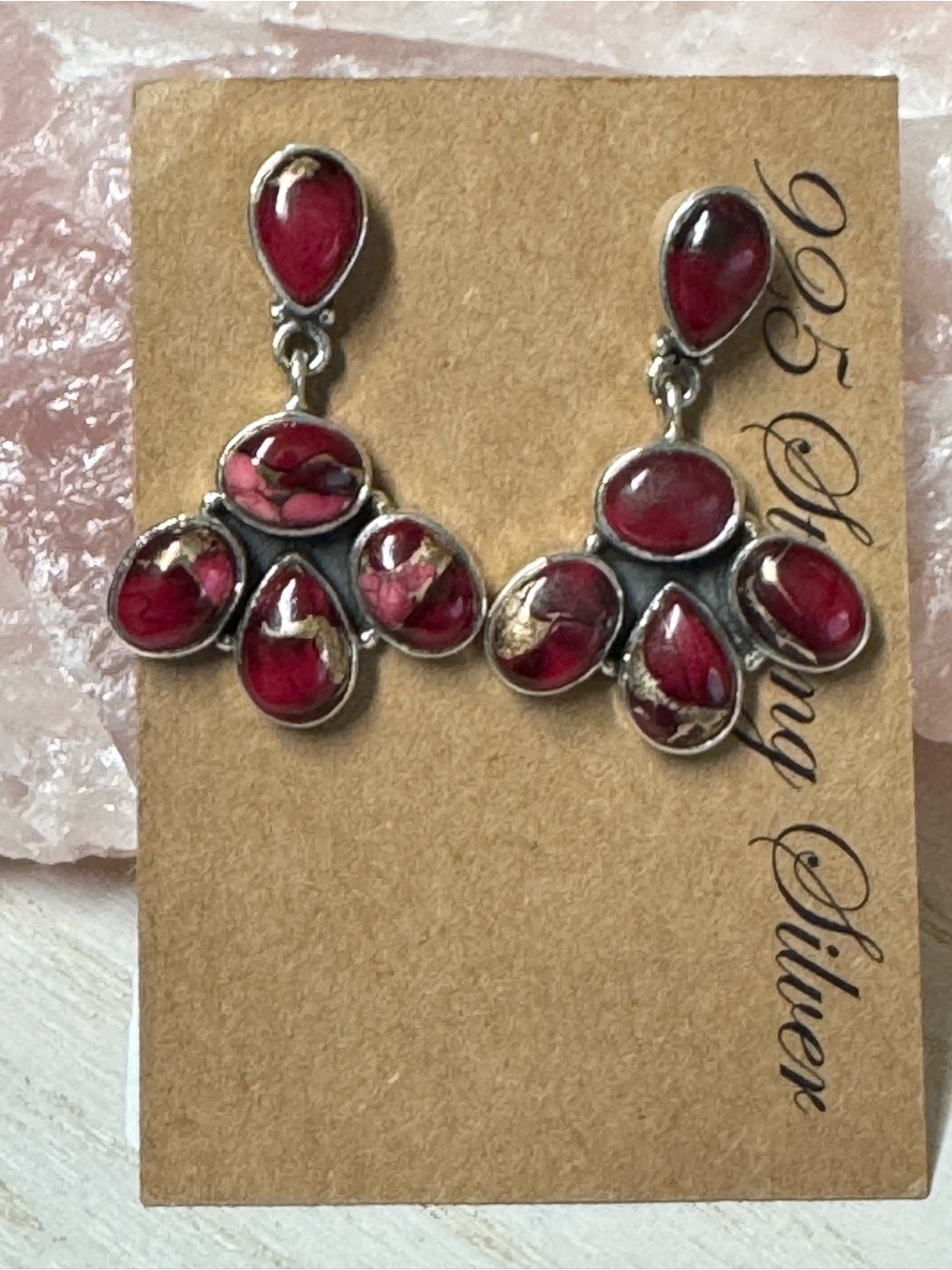Red Rose Dahlia Kingman Stone Stud Drop Earrings - Statement